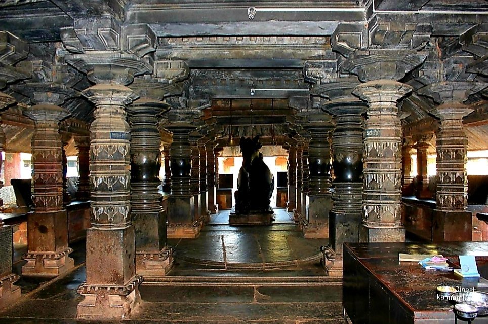 Interior mandapa with lathe-turned stone pillars and Nandi facing the sanctum, Banashankari Temple, Amargol.